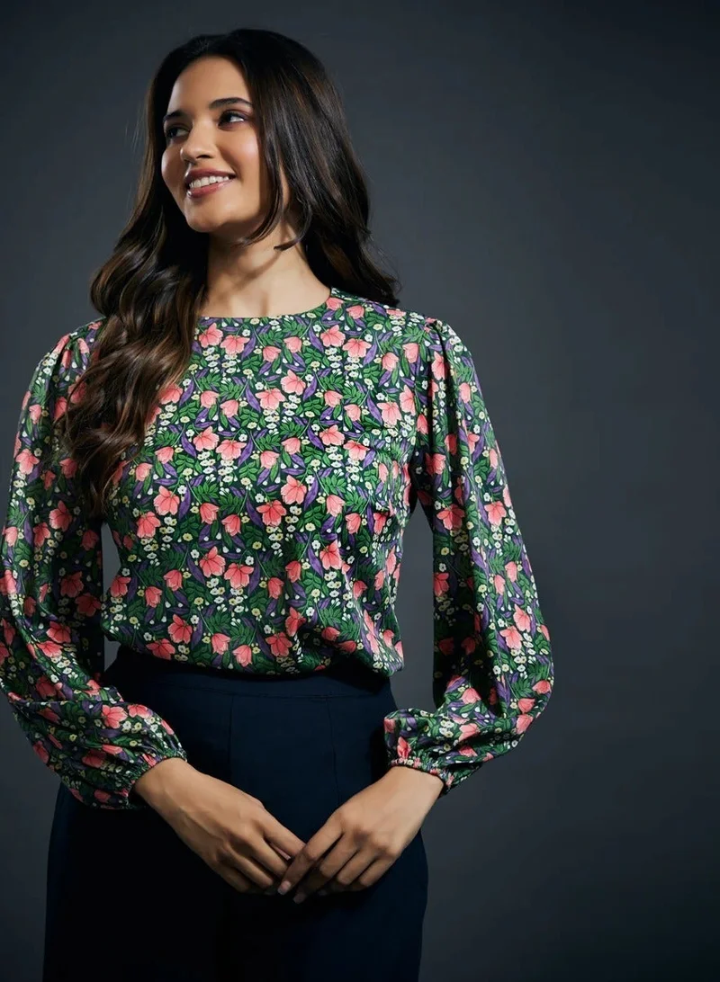 Zigzag Floral Shirred Cuff Top